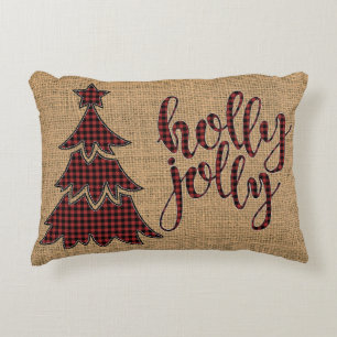 holly jolly FAUX burlap, Plaid Tree Pillow