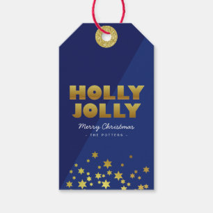 Holly Jolly   Fun Christmas Blue & Gold Gift Tags