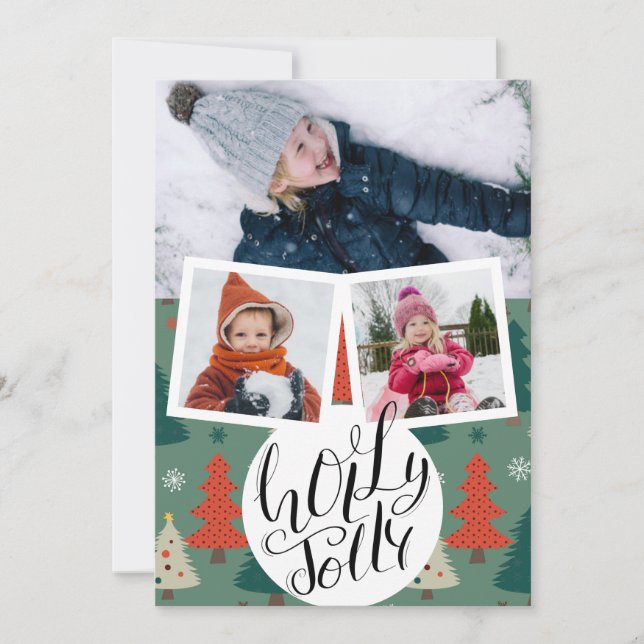 Holly Jolly Fun Script Christmas Pine Tree Photo Holiday Card (Front)