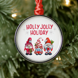 Holly Jolly Holiday Gnomes Metal Ornament