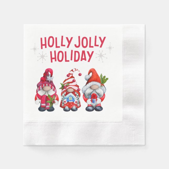 Holly Jolly Holiday Gnomes Whimsical Christmas Napkin (Front)