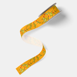 Holly Jolly Leaves on Yellow Gold  Satin Ribbon