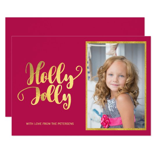 Holly Jolly magenta gold calligraphy script photo Card