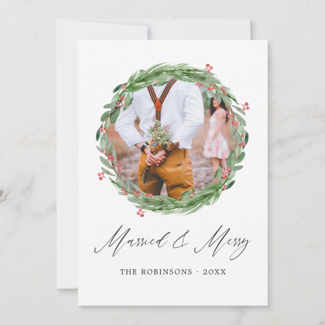 Holly Jolly Married and Merry Photo Collage Holiday Card (Front)
