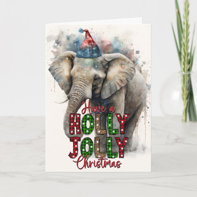 Holly Jolly Merry Christmas Santa Elephant Card (Front)