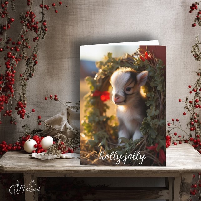 Holly Jolly Nigerian Dwarf Baby Goat Card (Baby Animals are loved by everyone - share this Nigerian Dwarf Baby this Christmas  #zazzlemade )