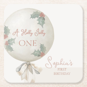 Holly Jolly ONE Christmas Vintage Balloon Birthday Square Paper Coaster