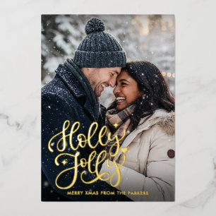 Holly Jolly One Photo Real Gold  Foil Holiday Card