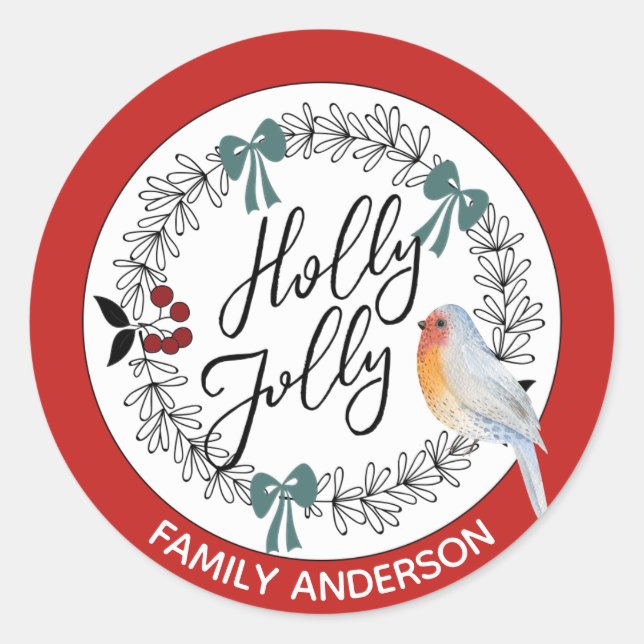 HOLLY JOLLY Personalised Christmas Robin Classic Round Sticker (Front)