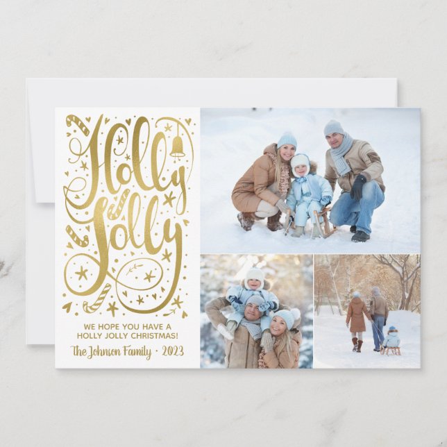 Holly Jolly Photo Christmas Cards, Faux Gold Foil Holiday Card (Front)