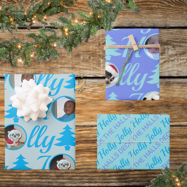 Holly Jolly Photo Collage Light Blue Christmas Wrapping Paper Sheet (Creator Uploaded)