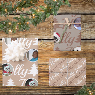 Holly Jolly Photo Collage Neutrals Christmas Wrapping Paper Sheet