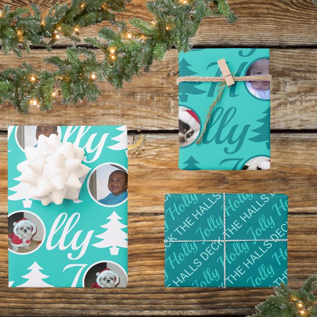 Holly Jolly Photo Collage Turquoise Christmas Wrapping Paper Sheet (Creator Uploaded)