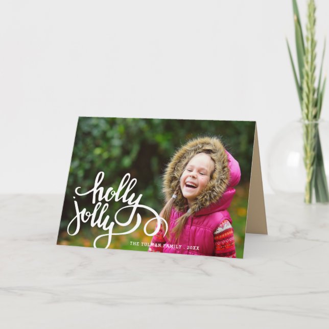 Holly Jolly Photo Holiday Greeting Card | Beige (Front)
