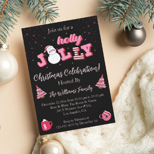 holly jolly pink black christmas party invitation
