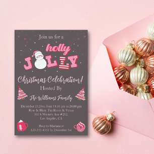 holly jolly pink brown christmas party invitation