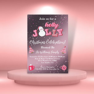 holly jolly pink metallic glitters christmas party invitation