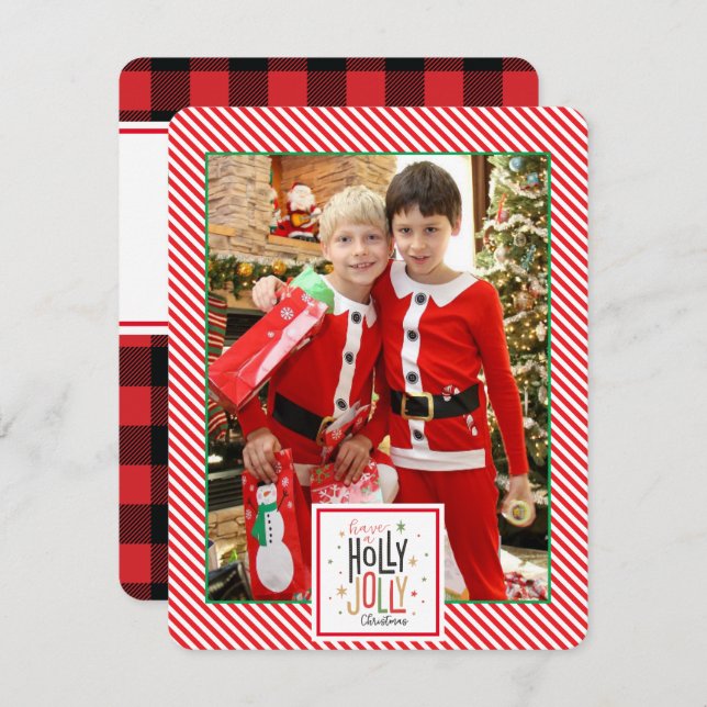 Holly Jolly plaid (add your photo) Holiday Card (Front/Back)
