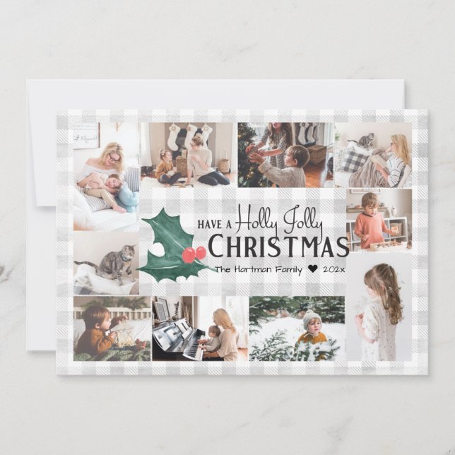 Holly Jolly Plaid Christmas Photo Collage Holiday Card (Front)