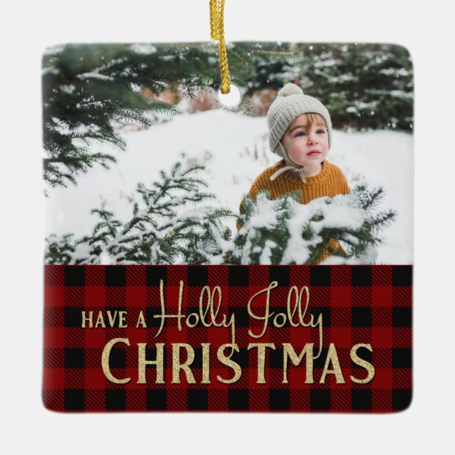 Holly Jolly Plaid Christmas with Photo Ceramic Orn Ornament (Front)