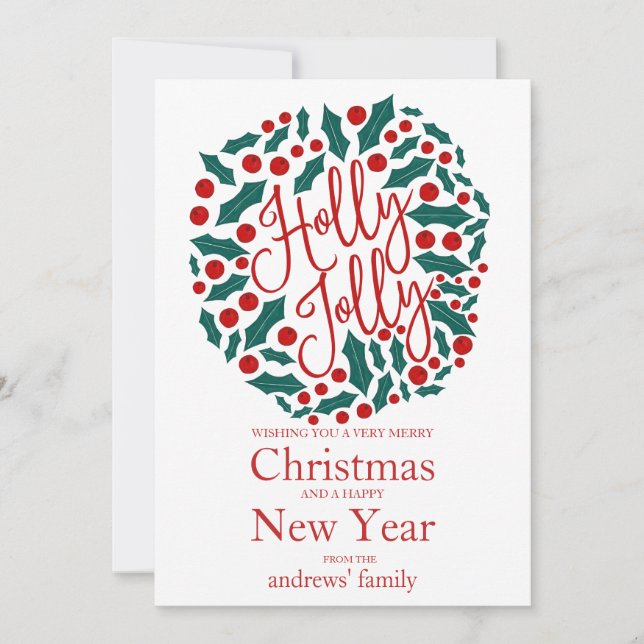 Holly Jolly Quote Leaves Berries Christmas Holiday Card (Front)
