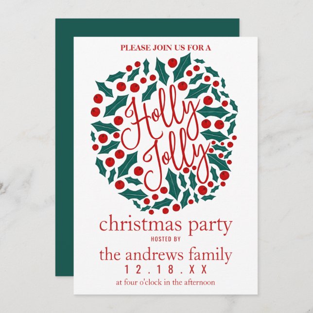 Holly Jolly Quote Leaves Berries Christmas Party Invitation (Front/Back)