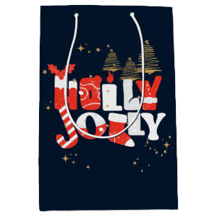 Holly Jolly Red White Gold Christmas Winter Medium Gift Bag