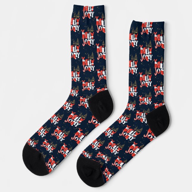 Holly Jolly Red White Gold Christmas Winter Socks (Left)