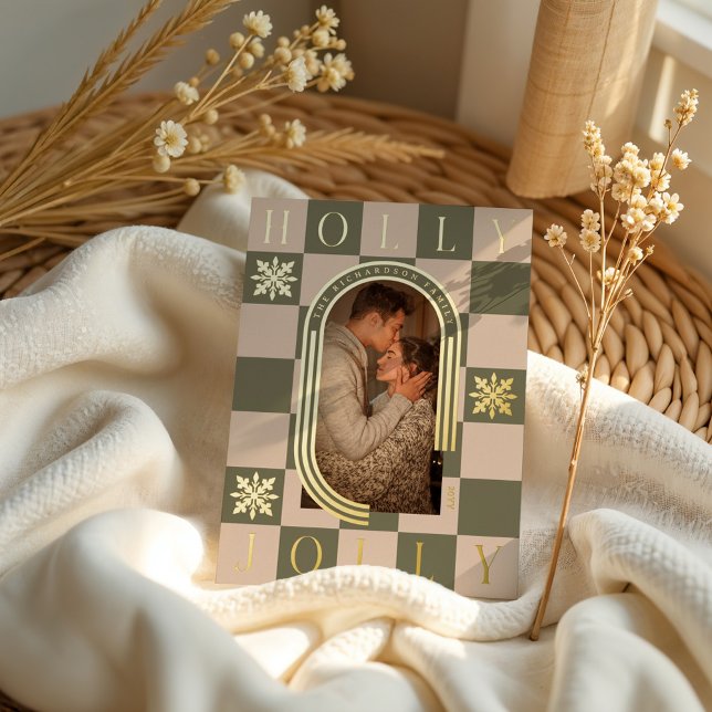 Holly Jolly Retro Chequered Christmas Arch Photo Foil Holiday Card (Holly Jolly Retro Checkered Christmas Arch Photo Foil Holiday Card)