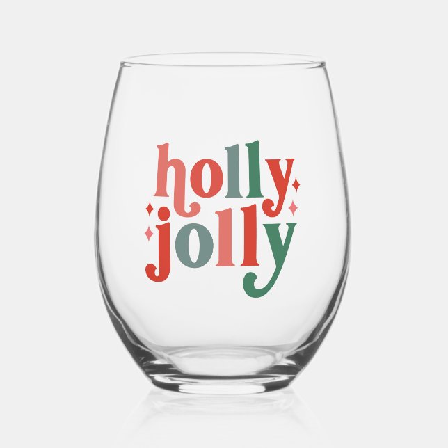 Holly Jolly - Retro Holiday Typography Stemless Wine Glass (Front)