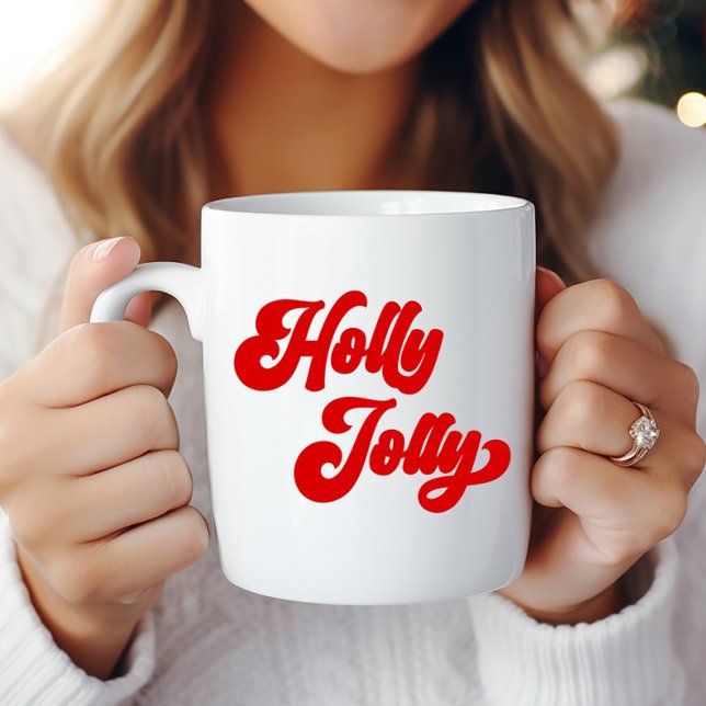 Holly Jolly Retro Red Cream Holiday Christmas Coffee Mug (Creator Uploaded)