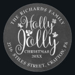 Holly Jolly Return Address Christmas Chalkboard Classic Round Sticker<br><div class="desc">Festive Holly Jolly Christmas holidays return address labels for you to personalise with your own message,  year,  family name and address details on a chalkboard background. Designed by Thisisnotme©</div>