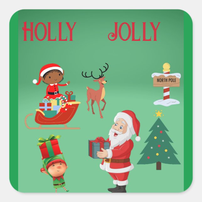  HOLLY JOLLY SANTA AND ELVES CHRISTMAS  SQUARE STICKER (Front)