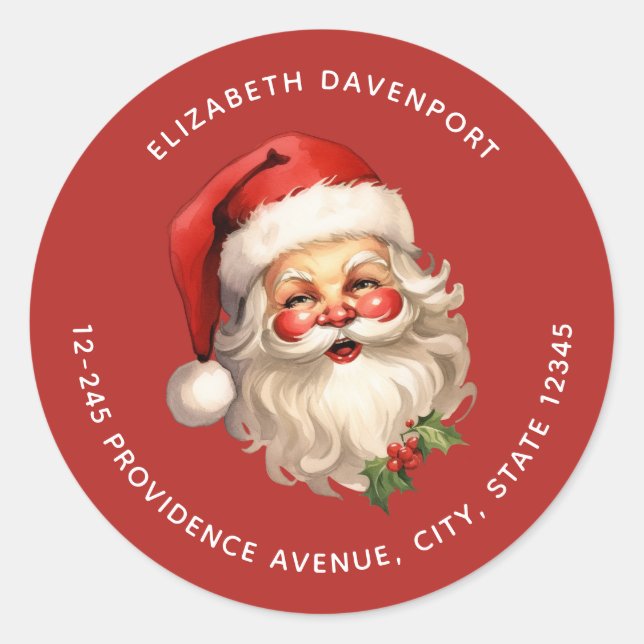 Holly Jolly Santa Claus Retro Christmas Address Classic Round Sticker (Front)