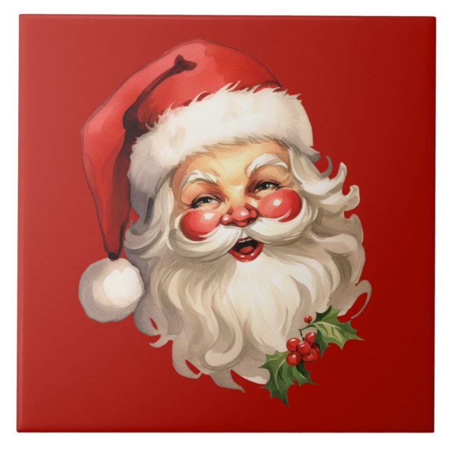 Holly Jolly Santa Claus Retro Christmas Ceramic Tile (Front)