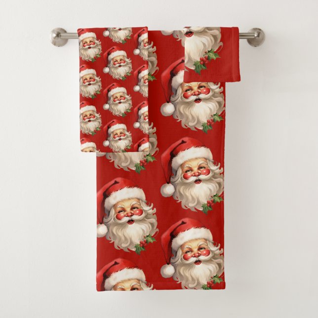 Holly Jolly Santa Claus Retro Christmas Pattern Bath Towel Set (Insitu)