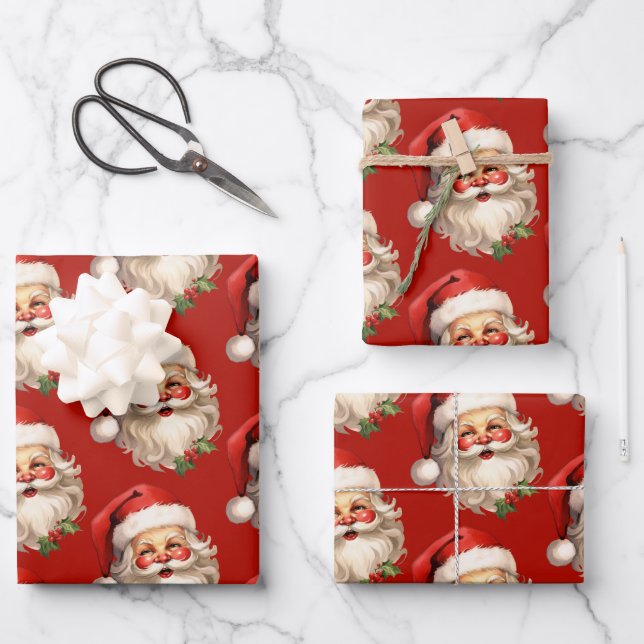 Holly Jolly Santa Claus Retro Christmas Pattern Wrapping Paper Sheet (Front)