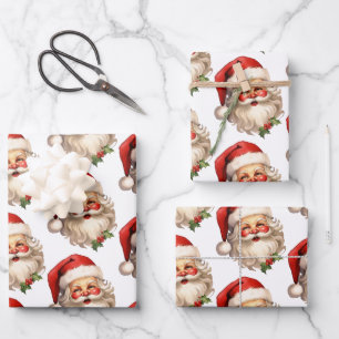 Holly Jolly Santa Claus Retro Christmas Pattern Wrapping Paper Sheet