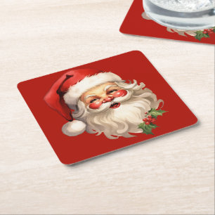 Holly Jolly Santa Claus Retro Christmas Square Paper Coaster