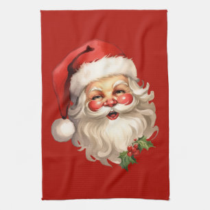 Holly Jolly Santa Claus Retro Style Christmas Tea Towel