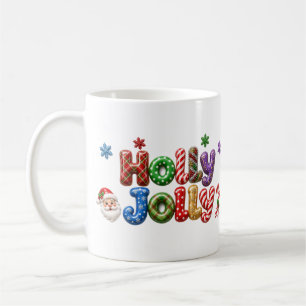 Holly Jolly Santa Tinsel Candy Cane Christmas Coffee Mug