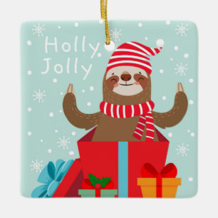 Holly Jolly Sloth Ceramic Ornament