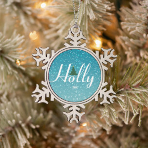Holly Jolly Snowflake Ornament, Customisable Pewter Christmas Ornament