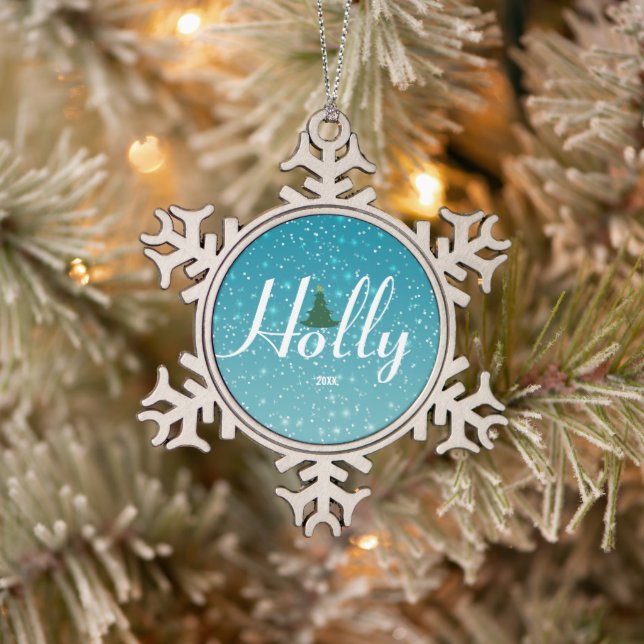 Holly Jolly Snowflake Ornament, Customisable Snowflake Pewter Christmas Ornament (Tree)