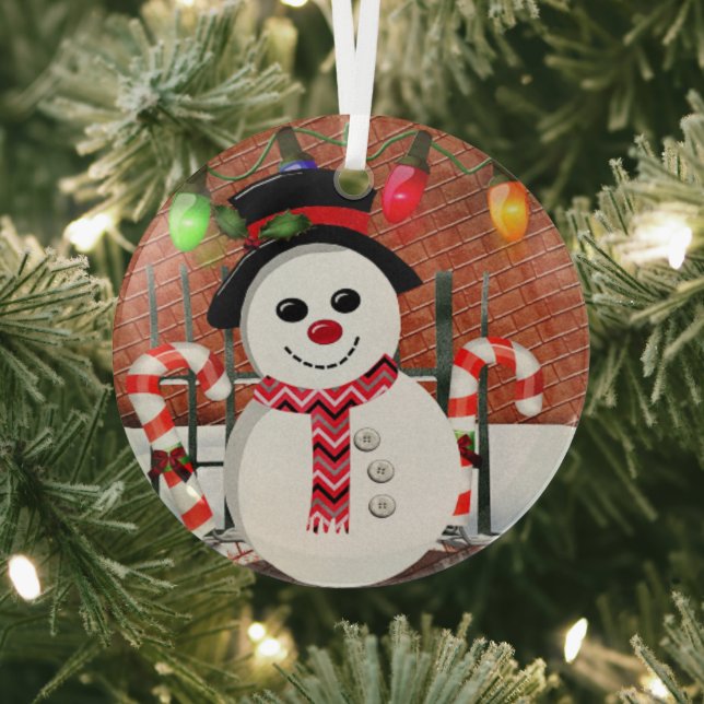 Holly Jolly Snowman  Glass Tree Decoration (Insitu)