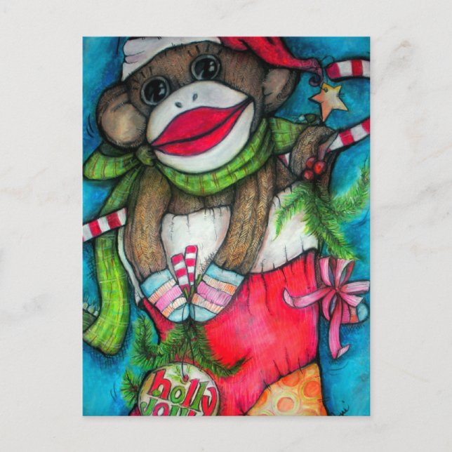 Holly Jolly Sock Monkey Holiday Postcard (Front)