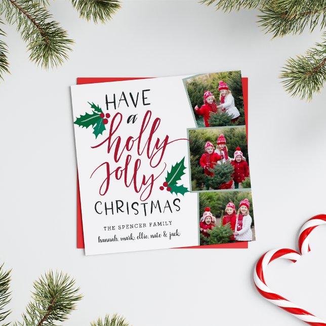 Holly Jolly | Square Holiday Photo Collage Card (A whimsical three-photo holiday card in a unique square shape and a classic Christmas color palette.)