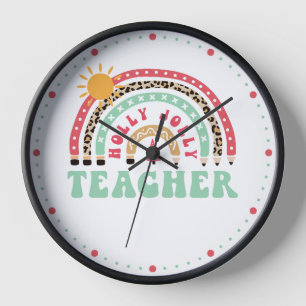 Holly Jolly Teacher Leopard Retro Rainbow Teacher Clock