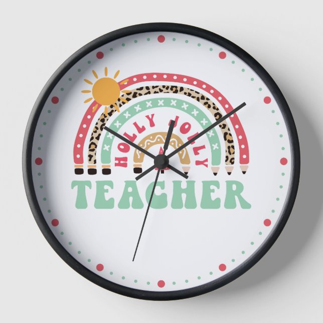 Holly Jolly Teacher Leopard Retro Rainbow Teacher Clock (Front)
