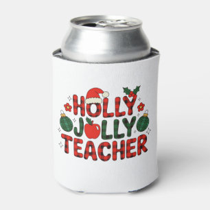 Holly Jolly Teacher Red Buffalo Plaid Christmas Can Cooler
